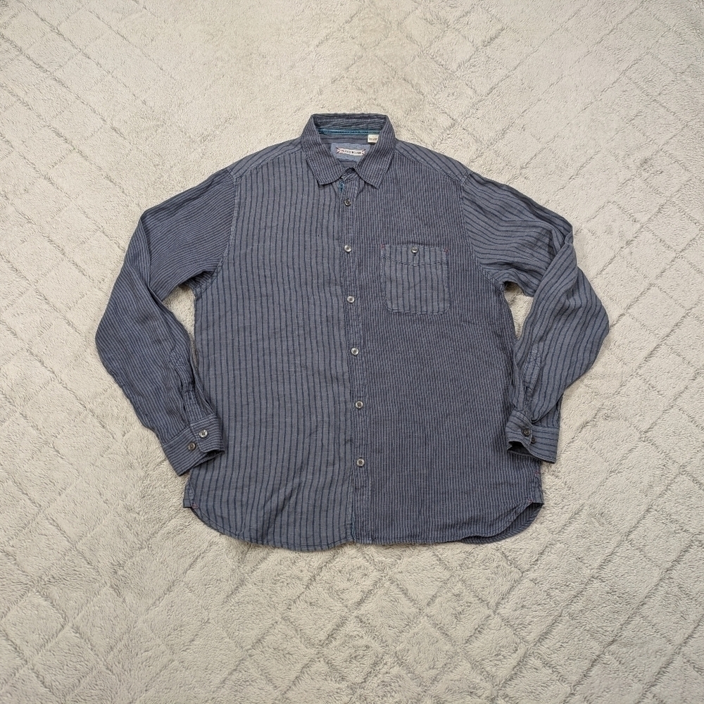 32 Bar Blues Shirt Men's L Blue Stripe Linen Button Up Long Sleeve Contrast